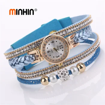 MINHIN zegarek damski bransoletka moda wiklinowe nadgarstka skórzane paski perła zegarki luksusowe rhinestone koraliki wisiorki zegarki prezent