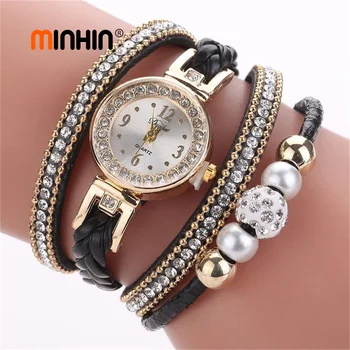 MINHIN zegarek damski bransoletka moda wiklinowe nadgarstka skórzane paski perła zegarki luksusowe rhinestone koraliki wisiorki zegarki prezent