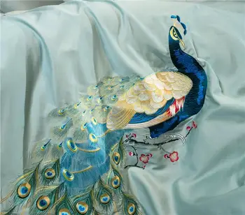 Chiński haft luksusowy zestaw pościeli królowa król rozmiar poszwa prześcieradło zestaw 60-tych bawełna egipska jedwabiście miękka tkanina paw wzór