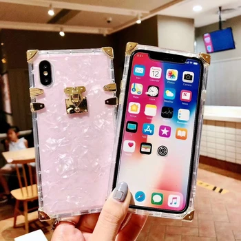 Modny, kwadratowy przezroczyste etui TPU dla iPhone 11 Pro X XS MAX XR Luxury Bling Conch Pink Back Cover Case for iPhone 6 6s 7 8 Plus