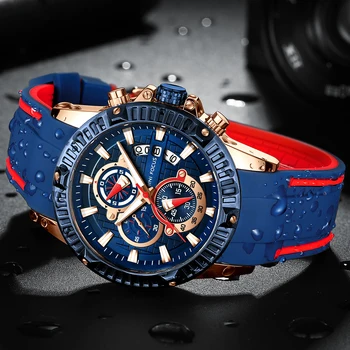 Sportowe męskie zegarki 2020 Luksusowe markowe modne zegarki chronograf kalendarz Niebieski Złoty gumowa 3 tarczy wodoodporny mini ostrość 0244
