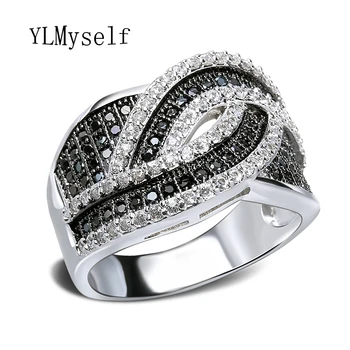 2020 gorąca sprzedaż moda biżuteria 2 ton kolor linii design miedziane pierścienie anel bague femme cristal Crystal czarno-biały kobiece pierścień