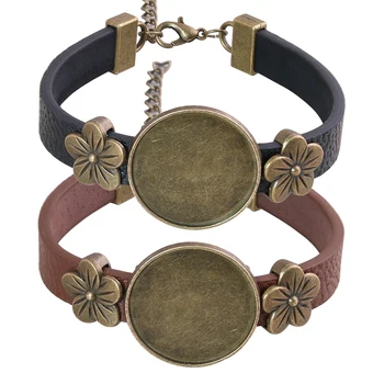 5szt fit 25mm Antique Bronze flower okrągły kaboszon bransoletka przedmiotu diy PU skórzane bransoletki podstawowe ustawienia do produkcji biżuterii