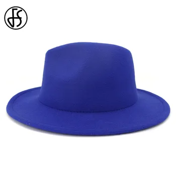 FS New Royal Blue Yellow patchwork wełniany filc filcu kapelusze Mężczyźni Kobiety duże pola Panama трилби Jazz czapka derby kapelusz sombrero Mujer