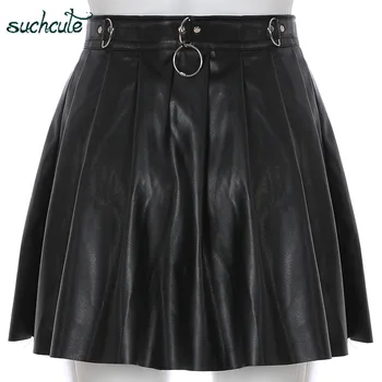 SUCHCUTE damska spódnica skórzana krótka spódnica moda 2020 plisowane damskie spódniczki mini gotycki czarny taniec koreański styl Saia Midi
