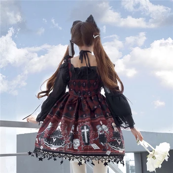 Lolita duch wzór druku cosplay kostium dla kobiet gotycki Jsk ruffle Krzyż ozdobiony retro pasek sukienka tiul przyjęcie z Herbatą spódnica