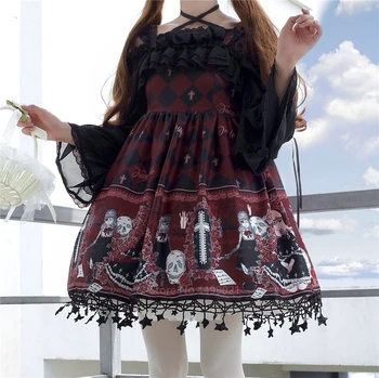 Lolita duch wzór druku cosplay kostium dla kobiet gotycki Jsk ruffle Krzyż ozdobiony retro pasek sukienka tiul przyjęcie z Herbatą spódnica