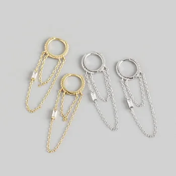 925 srebro próby podwójnego łańcucha kolczyki dla kobiet prosty złoty kolor srebrny Huggies hoop kolczyki biżuteria hurtowych