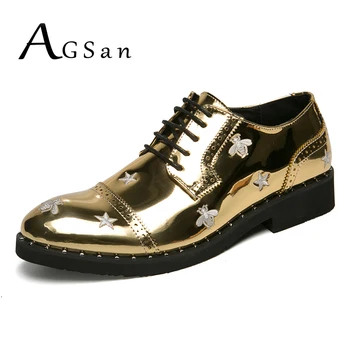 AGSan Gold Men Dress Shoes Lace Up Fashion Mens Oxfords Brogue Dress Oxfords Printing Bee Shoes Party Shoes for Men Ostry nosek