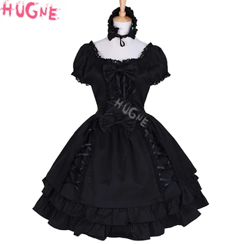 Damskie gotyckie czarne sukienki Lolity warstwowe koronki-Up bawełna z krótkim rękawem dziewczyny Halloween party