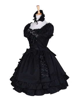 Damskie gotyckie czarne sukienki Lolity warstwowe koronki-Up bawełna z krótkim rękawem dziewczyny Halloween party