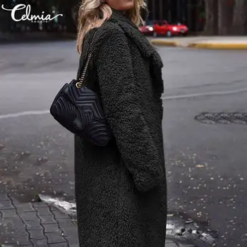 Damska odzież wierzchnia 2021 Celmia zimowe ciepłe guziki futrzane płaszcze ze sztucznego futra pluszowe kurtki codzienne stałe damska z długim rękawem płaszcz 5XL
