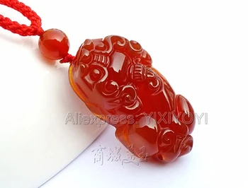 Piękna Ręczna Robota Naturalny Czerwony Agat Jade Rzeźbione Chiński Błogosławieństwo Szczęśliwy PiXiu Wisiorek + Lina Naszyjnik Uroczy Wykwintne Biżuteria