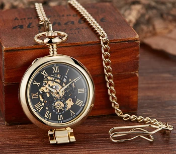 Luksusowy Złoty Kieszonkowy mechaniczny stojak na stole Fob Chain Display wiszący zegar rzymska szkielet męski zegarek z pudełko skrzynią