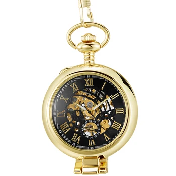 Luksusowy Złoty Kieszonkowy mechaniczny stojak na stole Fob Chain Display wiszący zegar rzymska szkielet męski zegarek z pudełko skrzynią