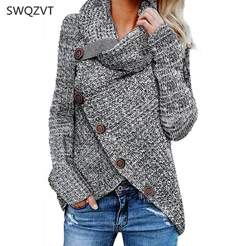 Przycisk Golf Sweter Kobiety Ciepłe Nieregularne Jesień Zima Odzież Kobiety Codzienne Damskie Swetry Odzież Damska Sweter 2020