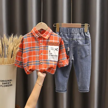 LZH 2020 Nowy plac jesienna odzież dla chłopców garnitur koszula w kratę z długim rękawem+retro temat jeansowe spodnie 2 szt. stroje