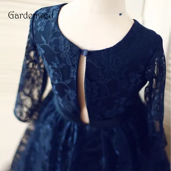 Gardenwed 2020 ciemno-niebieski Koronki dzieci przykład komunie sukienka z długim rękawem, satynowa kokardka węzeł pas krotnie spódnica bujne dziecięce, sukienki dla dziewczynki