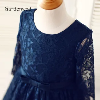 Gardenwed 2020 ciemno-niebieski Koronki dzieci przykład komunie sukienka z długim rękawem, satynowa kokardka węzeł pas krotnie spódnica bujne dziecięce, sukienki dla dziewczynki