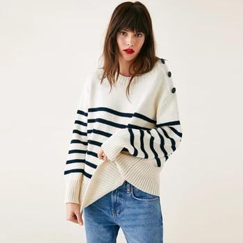 2020 Za kobiety nowa moda swetry O-neck pełna rękaw w paski przycisk jedna strona damskie z dzianiny swetry meble przyczynowo-skutkowego sweter