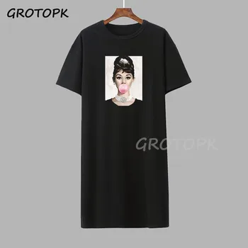 Vintage Audrey Hepburn różowa guma do żucia z nadrukiem t-shirt sukienka Damska koszulka sukienka damska Harajuku lato z krótkim rękawem bielizna sukienka
