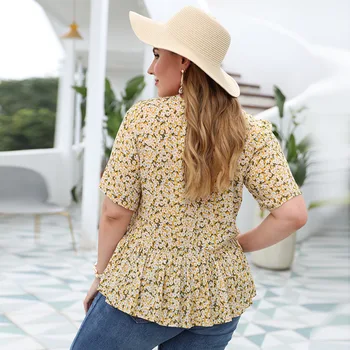 Nowe damskie letnie plus rozmiar bluzki dla kobiet duża bluzka temat codziennych falbanki żółty kwiatowy print koszulka 3XL 4XL 5XL 6XL