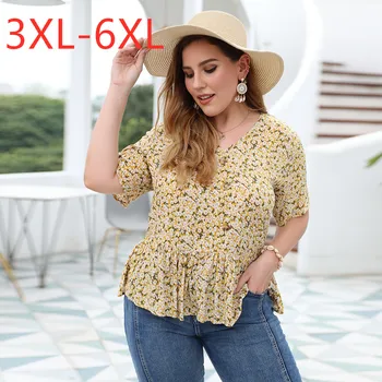 Nowe damskie letnie plus rozmiar bluzki dla kobiet duża bluzka temat codziennych falbanki żółty kwiatowy print koszulka 3XL 4XL 5XL 6XL