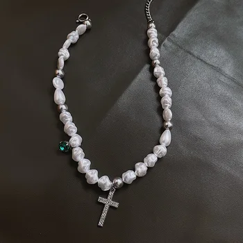 Błyszczące kryształy krzyż wisiorek naszyjnik barokowe nieregularne sztuczna perła zroszony naszyjnik naszyjnik Urok biżuteria prezent dla kobiet