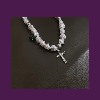 Błyszczące kryształy krzyż wisiorek naszyjnik barokowe nieregularne sztuczna perła zroszony naszyjnik naszyjnik Urok biżuteria prezent dla kobiet