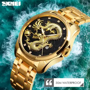 Top Luxury Brand Golden Dragon kwarcowy męski zegarek SKMEI wodoodporny zegarek ze stali nierdzewnej zegarki męskie Relogio Masculino