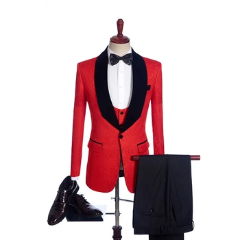Fnoexw Customized 2019 Czerwony narzeczony smokingi garnitur ślubny garnitur pana młodego męskie ślubne stroje ( kurtka+spodnie+kamizelka+krawat)