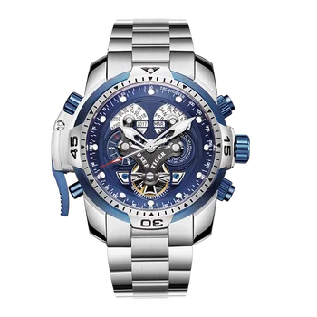 Reef Tiger/RT Brand wojskowe zegarki dla mężczyzn stalowy niebieski chronograf bransoletka zegarek automatyczny Relogio Masculino RGA3503