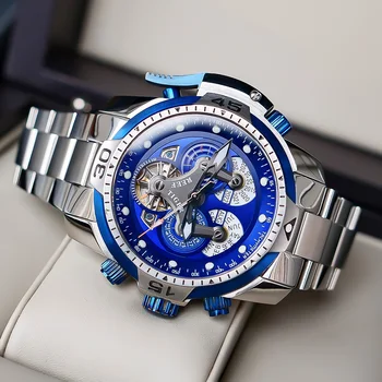 Reef Tiger/RT Brand wojskowe zegarki dla mężczyzn stalowy niebieski chronograf bransoletka zegarek automatyczny Relogio Masculino RGA3503