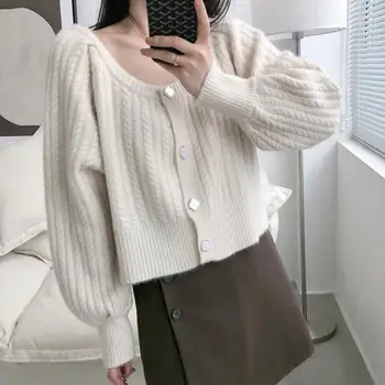 Zimowe swetry damskie moda lampa rękaw jednorzędowy krótki sweter kobiety koreański sweter z dzianiny kurtka casual top