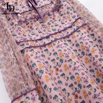 LD LINDA DELLA jesienne modne markowe krótkie sukienki damskie z długim rękawem eleganckie netto patchwork kwiatowe rocznika sukienki mini