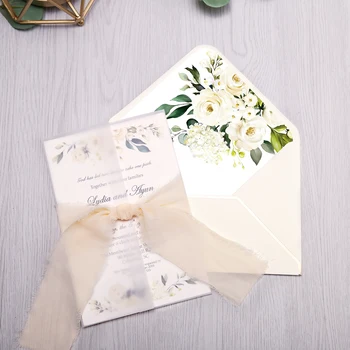 50szt zaproszenia ślubne kolorze bordowym z motywem kwiatowym koperty, taśma do ślubu