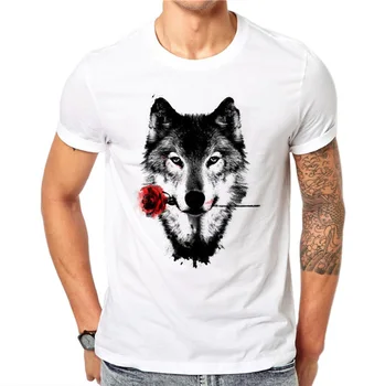 Bawełna 3D Wolf Rose T Shirt Men Summer Funny Wolf Man ' S T-shirt Casual White Hip Hop Animals Shirt Plus Size 4XL