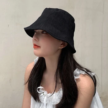 [EAM] Women Grey Plissed Split Joint Fishers Hat New Round Dome Temperament Fashion Tide All-match Spring Summer2021 1Y464