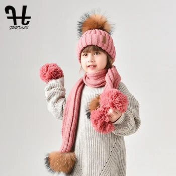 FURTALK dzieci zima ciepła grube gruba dzianina czapka czapki i szaliki naturalne futro pompon czapka szalik zestaw dla dzieci w wieku 2-10 lat
