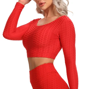Damska joga top z długim rękawem siłownia sport jogging treningu koszulki z odkrytymi plecami fitness joga koszula Czerwony seksowny top odzież sportowa