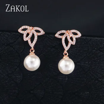 ZAKOL ZAKOL Pearl Fashion Jewelry for Women White Gold Color Leave Shape CZ Drop Earrings Wedding Party Boucle D ' nazywany oreille Femme