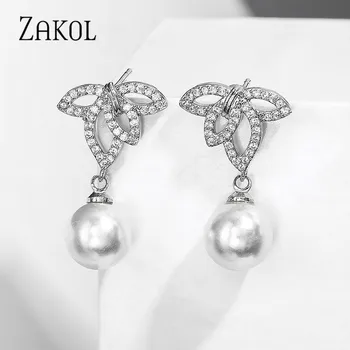 ZAKOL ZAKOL Pearl Fashion Jewelry for Women White Gold Color Leave Shape CZ Drop Earrings Wedding Party Boucle D ' nazywany oreille Femme