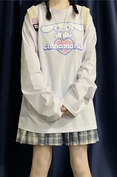 Wiosna Jesień Japoński Nowy Damski T-Shirt Z Długim Rękawem Cinnamoroll Kreskówka Druku Sweter Wolny Dziki Student Miękka Siostra Topy