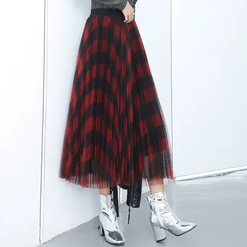 Komórkowe netto spódnice damskie z wysokim stanem, wiosna, lato, długa spódnica High Street Fashion A-Line na co dzień koreańskiej stylowa damska spódnica YT50221