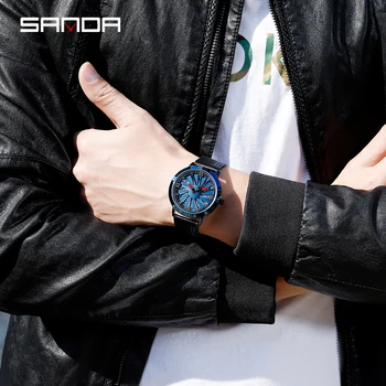 SANDA Wheel Watch skórzane męskie markowe zegarki Spin Watch Dial Top luksusowe codzienne niebieskie męskie zegarki prezent Relogio Masculino 2021