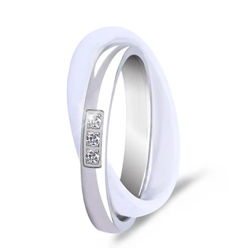 Klasyczny Czarny Biały Podwójny Pierścień Moda Srebrny Ceramiczna Pierścionek Lśniący Kryształ Rhinestone Dla Kobiet Dziewczyna Moda Ślubna Biżuteria