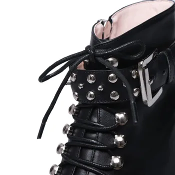 Srebrno-t, metalowa sztywna odzież lądowisko botki nity klamry pasek damski skórzany but z nitami na krzyż damskie buty motocyklowe