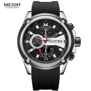MEGIR pasek silikonowy zegarek sportowy dla mężczyzn chronograph wodoodporny Relogios Masculino męskie zegarki zegarek 2086 srebrny czarny