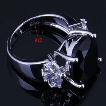 Imponujący Owalny czarny Biały cyrkon CZ posrebrzany pierścień V0611