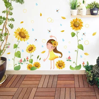 Kreskówka wiejskie kwiaty słonecznika naklejki dla dziewczyn Sypialnia Salon dekoracji wymienny PCV, ściany decor naklejki